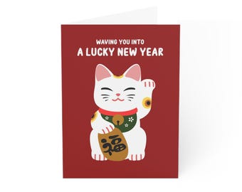 Kartka z życzeniami szczęśliwego kota Maneki-neko | Księżycowy Nowy Rok Kozy 2027