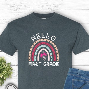 Kids Tee, Rainbow Hello First Grade Shirt, Back to School Youth T-Shirt, Colorful Positive Vibes Top, Elementary Student Gift, Classroom