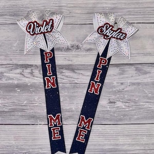 White Rhinestone Cheer Pin Me Ribbon with Navy and Red