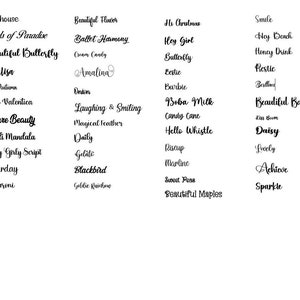 May include: A white background features numerous words in cursive script. Notable words include "Farmhouse", "Beautiful Butterfly", "Nature Beauty", "Boba Milk", and "Beautiful Barbies". The words are likely for design or crafting projects.