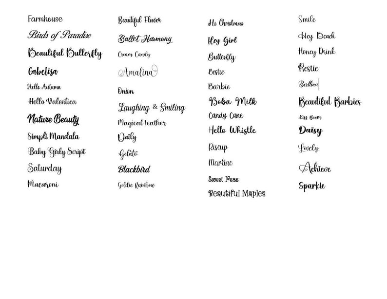 May include: A white background features numerous words in cursive script. Notable words include "Farmhouse", "Beautiful Butterfly", "Nature Beauty", "Boba Milk", and "Beautiful Barbies". The words are likely for design or crafting projects.
