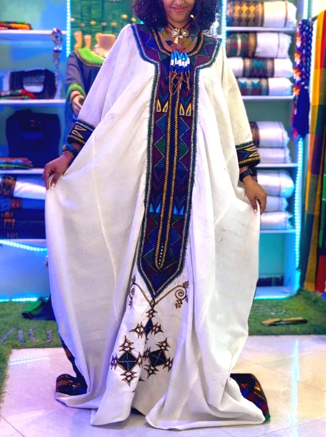 Ethiopian Raya Wollo Traditional White Fabric Gumaj Embroidery Habesha ...