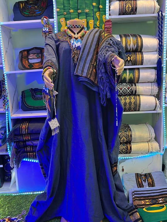 ethiopian traditional dress blue Ethiopian Raya Wollo traditional Dark Blue Fabric Embroidery Habesha Dress