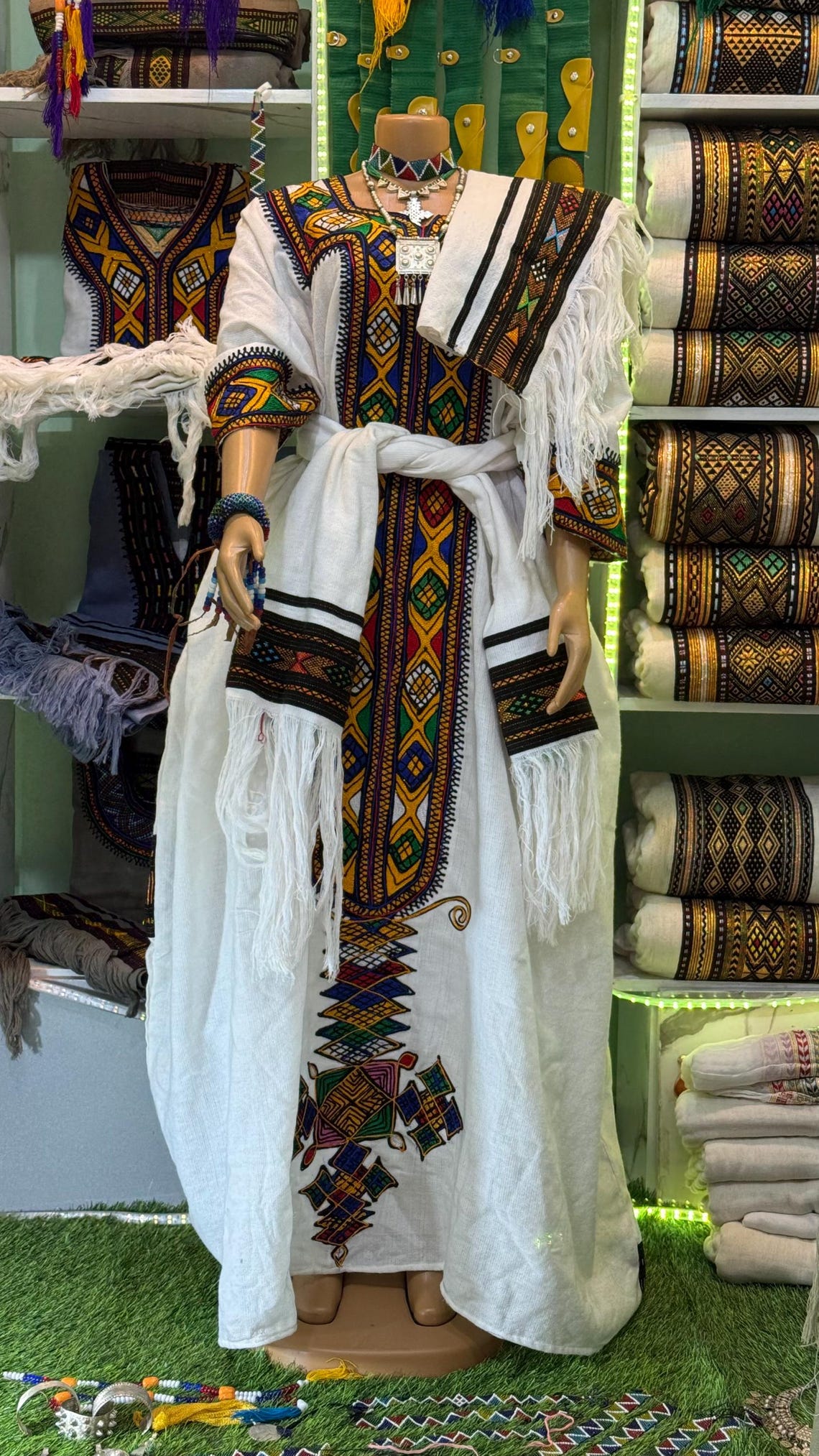 Ethiopian Raya Wollo Traditional White Fabric Embroidery Habesha Dress ...