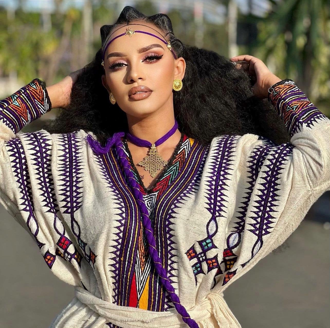 fitted lace wedding dress Fashionable Purple and Gray Traditional Ethiopian Dress: Wider Hemline Habesha Dress Elegantly Flowy Habesha KemiS Xs
