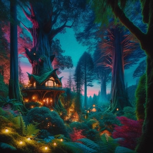 Enchanted Forest Wall Art | Fantasy Treehouse Print | Magical Fairy Lights Woodland Home | Mystical Nature Décor
