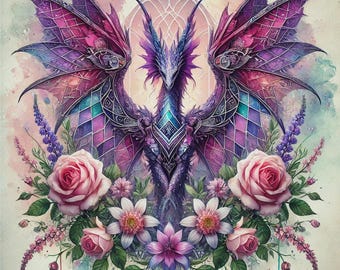 Mystischer kosmischer Drache | Fantasy Wandkunst | Himmlischer Stained-Glass Dragon Print | Verzauberte Mondscheinkreatur
