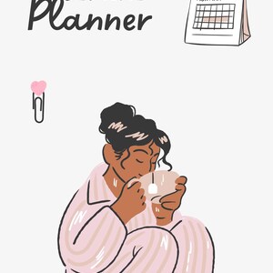 May include: A woman in pink striped pyjamas sits with her eyes closed, holding a cup of tea. The text "BEDTIME Planner" is at the top of the image, and a monthly calendar is in the top right corner.