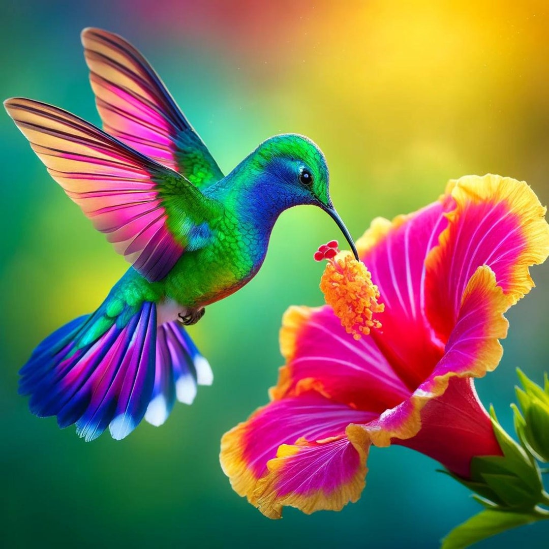 Hummingbird Art Print | Tropical Hibiscus Flower, Vibrant Bird Decor - Etsy
