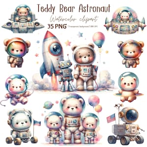 Clipart de astronauta de ursinho de pelúcia, clipart de aquarela de urso, astronauta, berçário em aquarela e chá de bebê, download digital | PNG | 300 DPI.