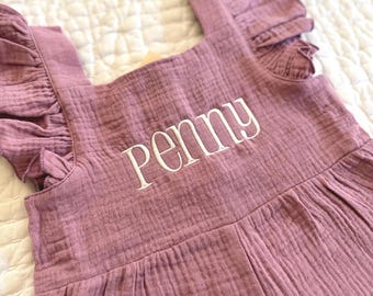 Girls Jumpsuit Ruffle Sleeve Personalized Muslin Mauce Snap Leg One of a Kind Outfit Embroidered
