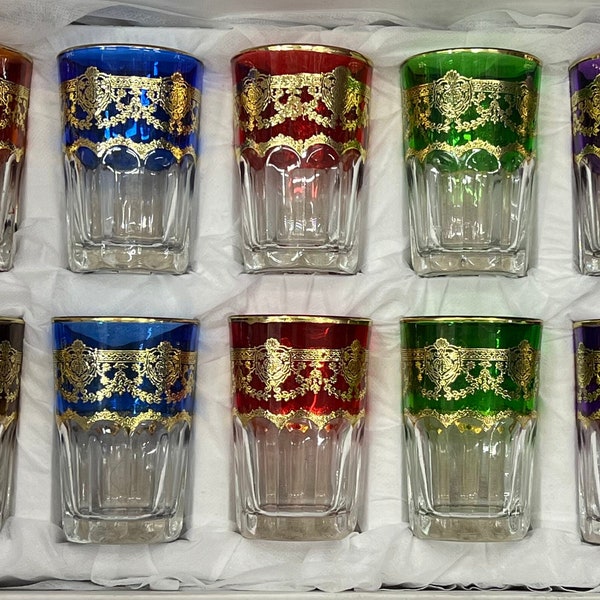 Vasos de té marroquíes artesanales: juego de 12 tazas de té Beldi, tazas de vidrio coloridas hechas a mano, utensilios de cocina únicos, regalo para ella