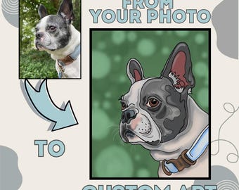 May include: A digital illustration of a French Bulldog with a blue and brown collar. The illustration is in a cartoon style with a green background.