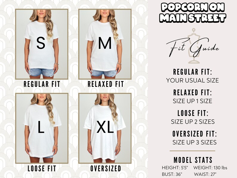 Puede incluir: Una tabla de tallas para camisetas con cuatro modelos diferentes que llevan camisetas blancas con las letras S, M, L y XL impresas en ellas. La tabla muestra los diferentes ajustes para cada talla: regular, relajado, holgado y de gran tama&ntilde;o. La tabla tambi&eacute;n incluye las estad&iacute;sticas del modelo: altura 1,65 m, peso 59 kg, pecho 91 cm, cintura 69 cm.