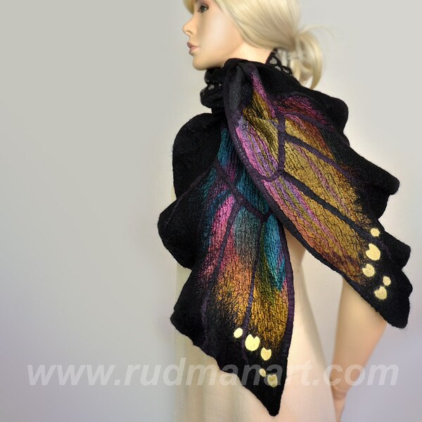 Felted scarf Wrap Shawl Wool Silk Monarch butterfly organic natural eco materials Black Teal Mustard Eggplant