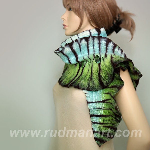 Wool Silk Felted Art hand dyed scarf Lime Tiger