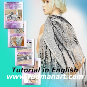 May include: A grey and black patterned shawl with fringe is draped over a mannequin. The image includes a tutorial in English with step-by-step instructions. The website address www.rudmanart.com is also visible.