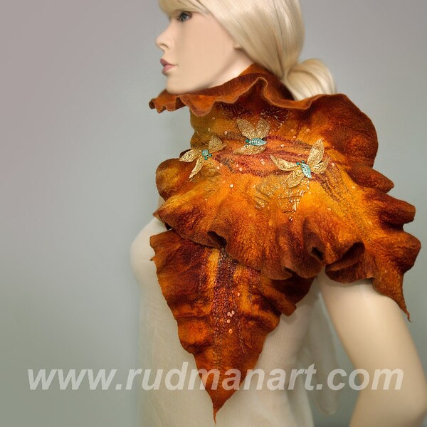 Felted Scarf wool silk hand dyed nunofelting scarf shawl Gold Rust Bronze Wonderland Golden Butterflies