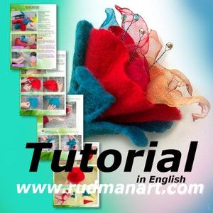 Puede incluir: Un tutorial para hacer una flor de fieltro con una base de fieltro rojo, azul y naranja y una superposición de tela transparente. El tutorial está disponible en el sitio web www.rudmanart.com.