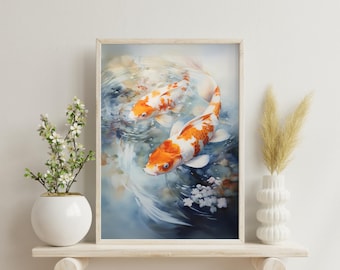 Könnte beinhalten: Ein gerahmtes Aquarellbild von zwei orange-weißen Koi-Karpfen, die in einem Teich schwimmen. Die Fische sind von blauem und weißem Wasser und weißen Blumen umgeben.