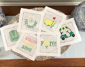 Golf Tournament Cocktail Napkins Set Linen Hemstitch 6 inch Preppy Golf Club Cart Fore Par Bar Heirloom Monograms