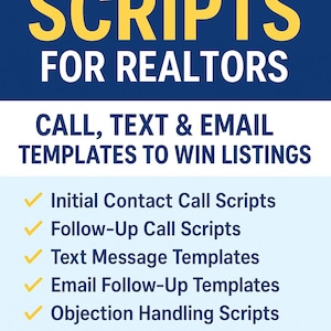 May include: A promotional graphic with the text "150+ EXPIRED LISTING SCRIPTS FOR REALTORS." The image also includes "CALL, TEXT & EMAIL TEMPLATES TO WIN LISTINGS" and a list of script types, such as "Initial Contact Call Scripts."