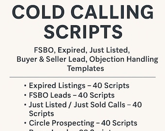 May include: Image features text: "290+ REAL ESTATE COLD CALLING SCRIPTS." Includes scripts for Expired Listings, FSBO Leads, Buyer Leads, Seller Leads, and more. Templates for real estate cold calling.