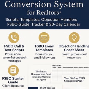 May include: Image of a marketing graphic titled "Conversion System for Realtors." It includes sections for scripts, templates, and guides. Icons represent call scripts, email templates, and objection handling. The image also features a 30-day conversion plan.