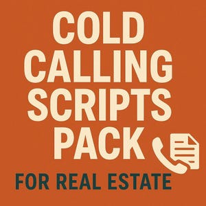Może przedstawiać: Pomarańczowe tło z napisem "COLD CALLING SCRIPTS PACK" dużymi, białawymi literami. Poniżej, mniejszymi, ciemnozielonymi literami, napis "FOR REAL ESTATE". Po prawej stronie znajduje się ikona telefonu.