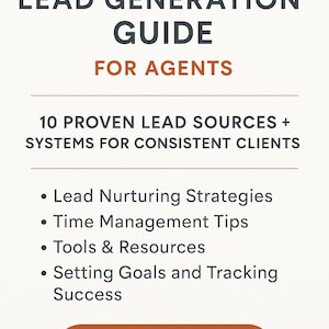 Puede incluir: Una guía titulada "Real Estate Lead Generation Guide for Agents" con una lista de temas que incluyen la nutrición de clientes potenciales, la gestión del tiempo y el establecimiento de objetivos. Un botón en la parte inferior dice "PDF DOWNLOAD".