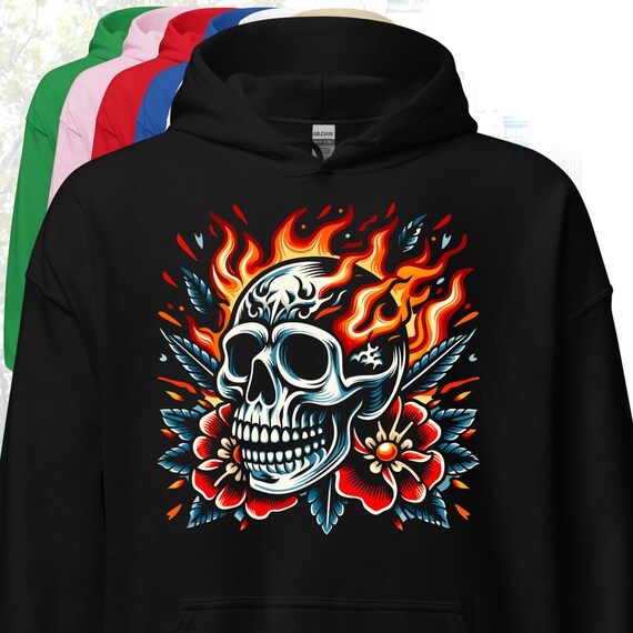 Flaming Skull Hoodie tattoo Design Hoodie Streetwear Edgy Hoodie Traditional Tattoo Style Old School Tattoo Flash Art Etsy Canada
