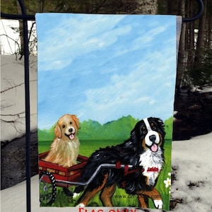 Bernese Mountain Dog & Golden Retriever "Traveling Buddies" Garden Flag by Amy Bolin