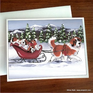 Saint Bernard dog & puppies "A Wintry Ride" Christmas NOTE CARDS by Amy Bolin with option to add greeting
