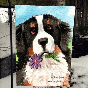 Bandera de jardín "Vi esta flor" de Amy Bolin con diseño de perro de montaña bernés