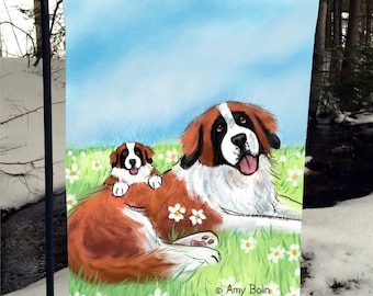 Saint Bernard dog and puppy "Mommy and Me" Garden Flag by Amy Bolin