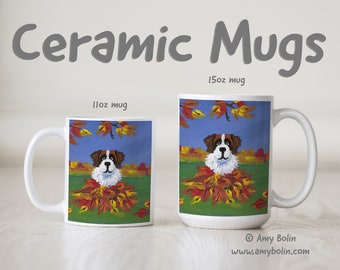 Saint Bernard Dog Mug "Autumn's Simple Pleasures 3" 11oz OR 15oz Ceramic & Personalize It
