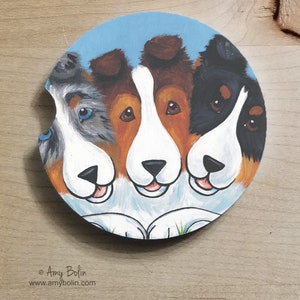 Sable, Blue Merle, & Tri Color Shetland Sheepdogs "BFF's” Sandstone Car Coaster