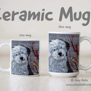 Old English Sheepdog and Cardinals Mug &quot;Winter Buddies&quot; 11oz OR 15oz Ceramic & Personalize It