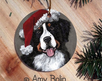 Bernese Mountain Dog "Merry Merlin" double sided ceramic Christmas ornament by Amy Bolin