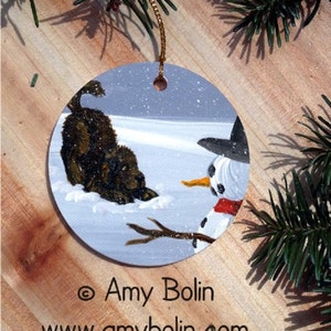 Brown Newfoundland dog "My Snowy Friend" double sided ceramic Christmas ornament by Amy Bolin