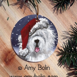 Old English Sheepdog "Shaggy Claws" double sided ceramic Christmas ornament by Amy Bolin