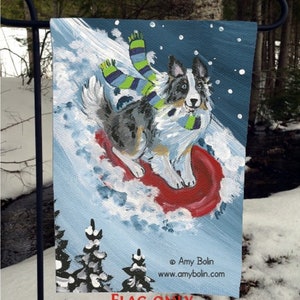 Blue Merle Sheltie &quot;The Sled Ride&quot; Garden Flag by Amy Bolin