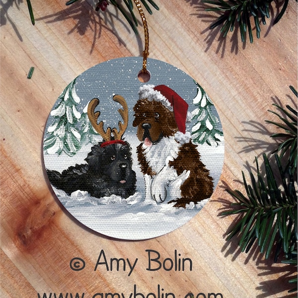 Black & Brown and White Newfoundlands "Christmas Buddies" double sided ceramic Christmas ornament by Amy Bolin