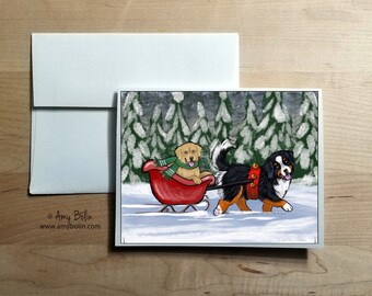 Bernese Mountain Dog & Golden Retriever "A Wintry Ride" Christmas NOTE CARDS by Amy Bolin with option to add greeting