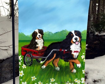 Bernese Mountain Dogs Carting "Traveling Buddies 2" Garden Flag by Amy Bolin