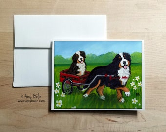 Bernese Mountain Dogs Carting "Traveling Buddies 2" NOTE CARDS by Amy Bolin with option to add greeting