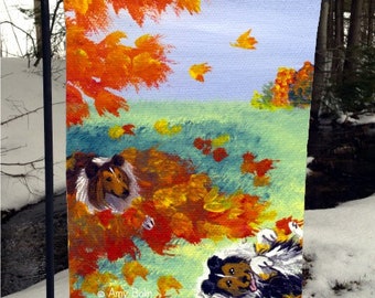 Sable Sheltie "Lounging in the Leaves" Garden Flag by Amy Bolin