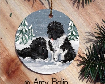 Black and Landseer Newfoundland dogs "Winter Buddies" double sided ceramic Christmas ornament by Amy Bolin