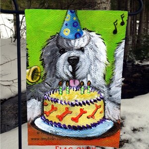 Old English Sheepdog "Happy Birthday" Garden Flag by Amy Bolin