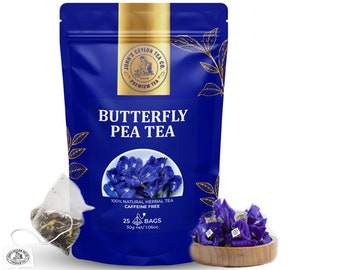 Pure Dried Blue Butterfly Pea Flower Tea 25 Tea Bags Edible Dried Herbal Flowers for Drinks and Food.